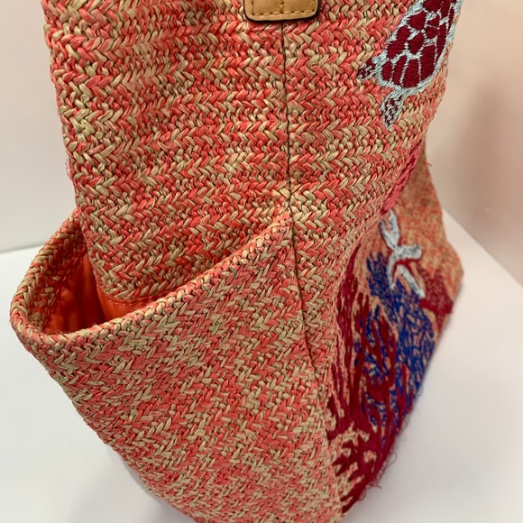Vera Bradley Straw Tote Bag Beach Nautical Coral Turtle Embroidered - Picture 8 of 14